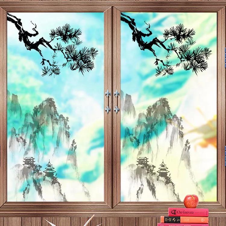 Decal trang trí kính cao cấp mẫu phong cảnh Sơn Núi và cành cây