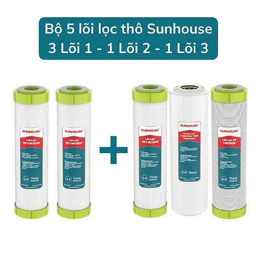 Combo 5 lõi lọc thô Sunhouse dùng cho các máy lọc nước RO cốc lọc 10&quot; - Hàng chính hãng
