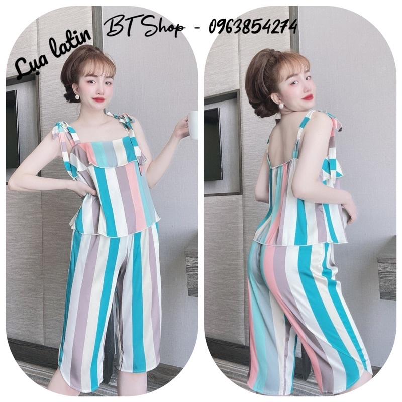 Đồ ngủ mặc nhà lụa latin cột nơ quần lững hoạ tiết freesize 42-57kg