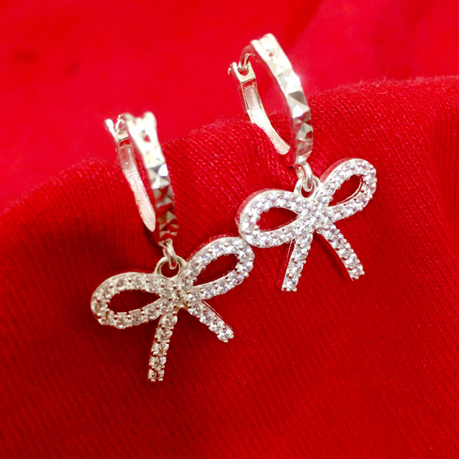 Bông tai nữ hình lơ bạc ta dáng dài gắn đá cobic trắng cao cấp trang sức Bạc Quang Thản - QTBT107