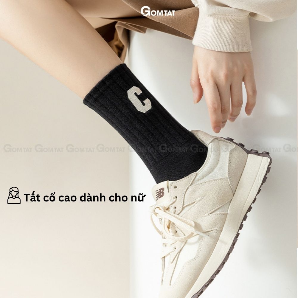 Tất vớ nữ cổ cao cao cấp GOMTAT mẫu chữ C, chất liệu cotton mềm mại, thấm hút, thoáng khí - PO-COCAO-C-3012-1DOI