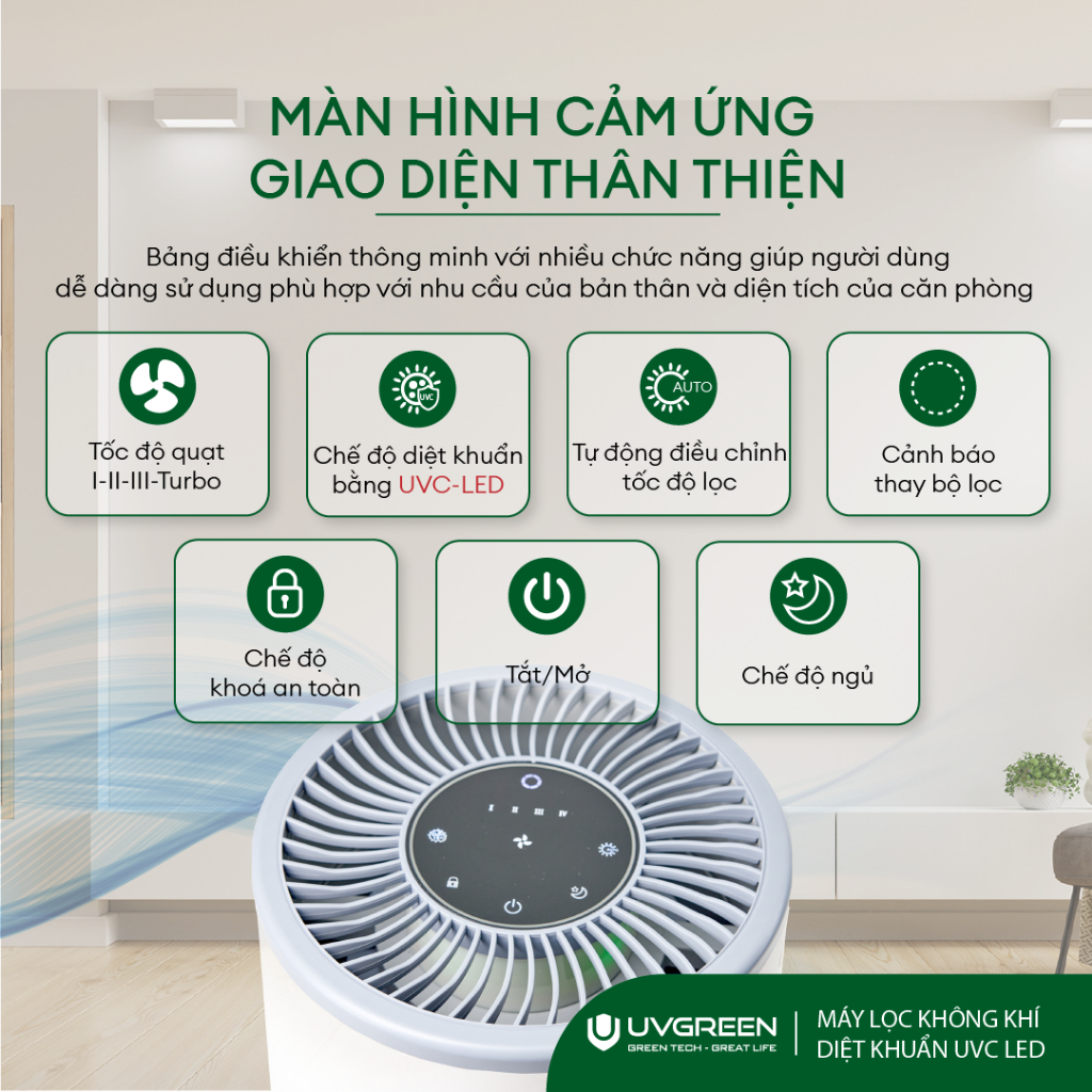 Máy Lọc Không Khí Diệt Khuẩn UVGREEN KA350 35m2 - Hàng chính hãng - Đèn UVC Mỹ, Lõi HEPA H13 Sạch 99,97% Bụi Mịn, Mùi Hôi, Khói, Lông Tóc