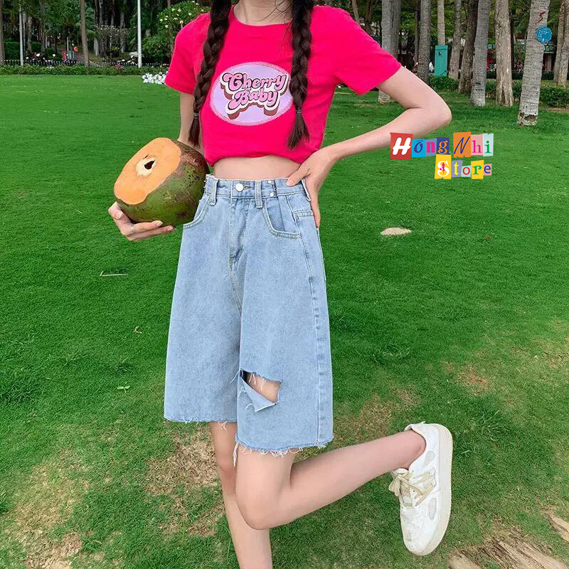 Quần Short Jean Ngố Đùi Rách Gối Cạp Cao Ống Rộng Ulzzang - MM