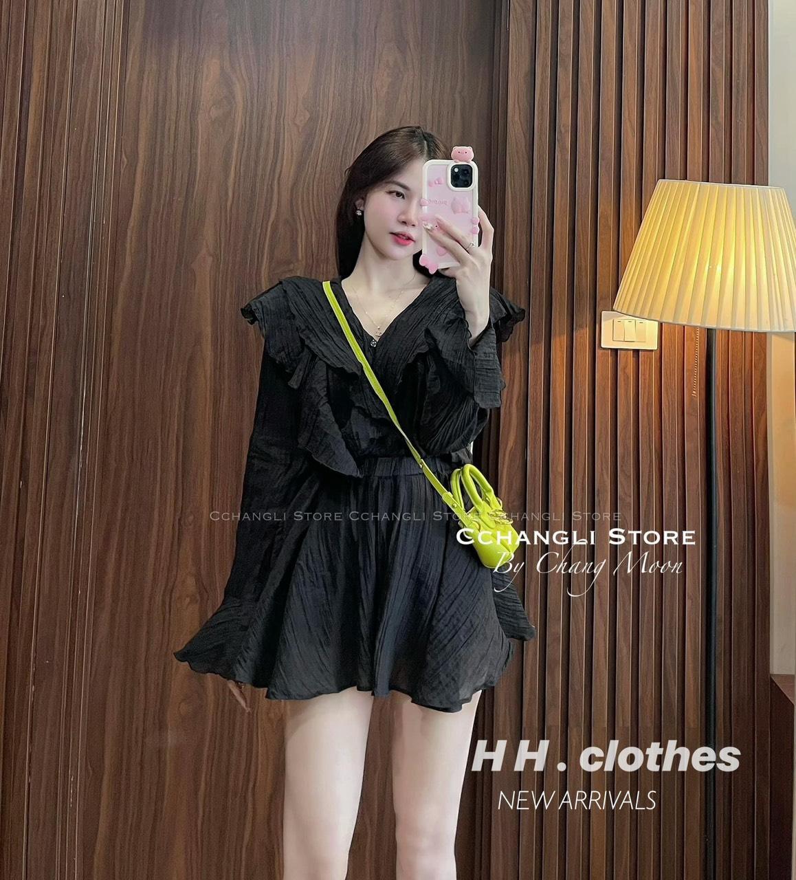 SET ĐI CHƠI, SET 2 MÓN ÁO TƠ BÈO XỐP TAY LOE PHỐI QUẦN ĐÙI CỰC KUTE - Black