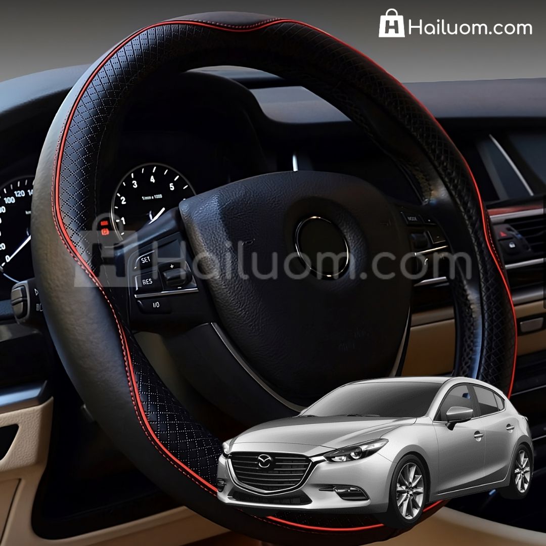 Bọc Vô Lăng ô tô cho MAZDA 3 Da Thật Cao Cấp - Màu Đen Chỉ Đỏ