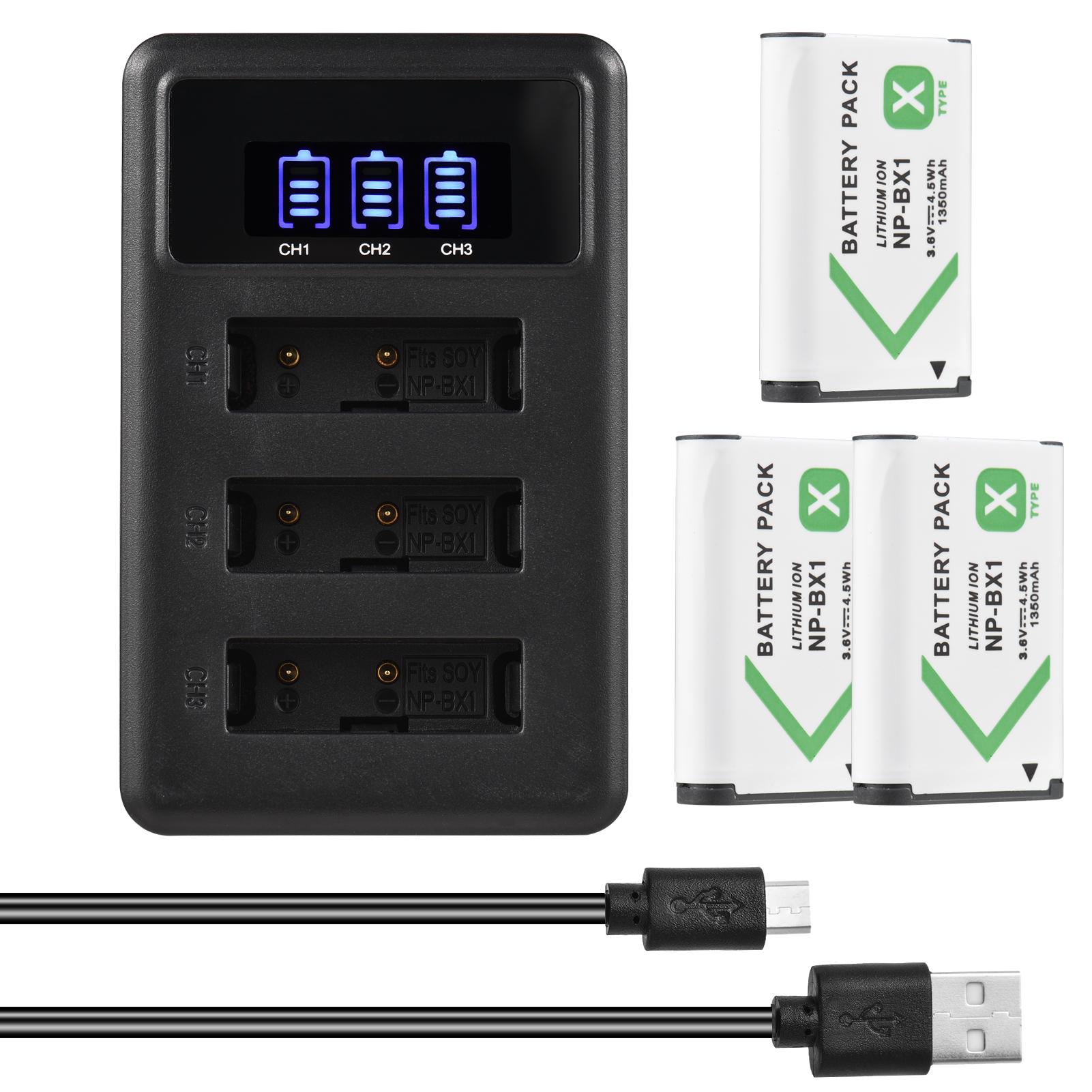 NP-BX1 Battery Charger 3-Slot with LED Indicators + 3pcs NP-BX1 Batteries 3.6V 1350mAh with USB Charging Cable Replacement for Sony DSC-RX100/DSC-RX100 II/DSC-RX100M II/DSC-RX100 III/DSC-RX100 IV/DSC-RX100 V VII/ZV-1