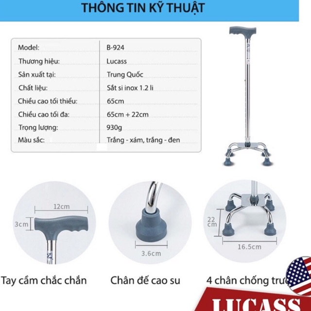 Gậy tập đi 4 chân, tay cong Lucass