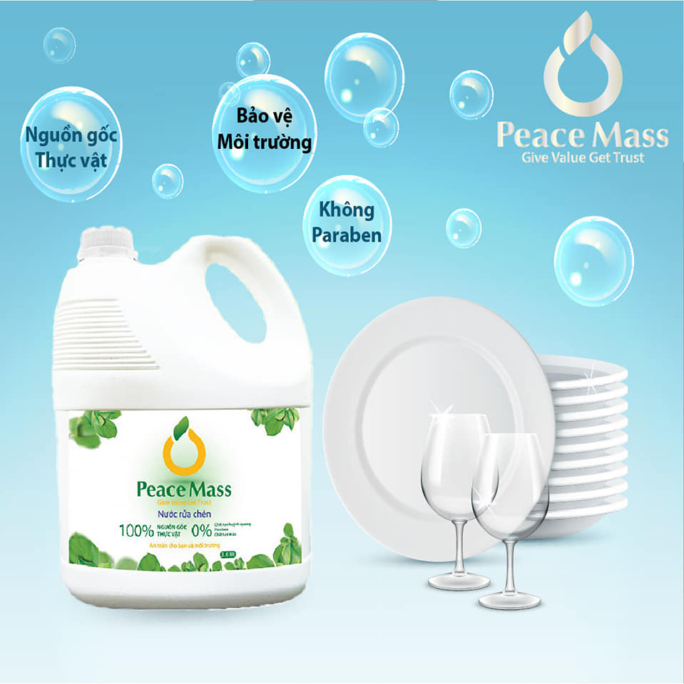 Nước Rửa Chén Gốc Thực Vật Peace Mass Công Nghệ Enzyme Rửa Sạch &amp; Không Lưu Mùi (Thuộc nhóm Sản phẩm Lành tính / Hữu cơ) Can 3.6 Lít