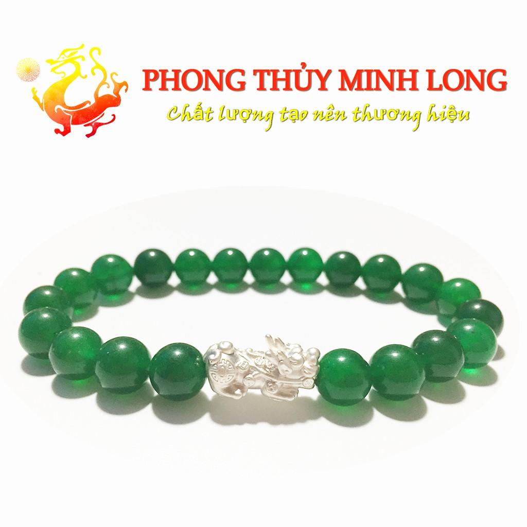 Vòng đá Mã Não Xanh chất lượng 3A mix tỳ hưu Bạc hợp với người mệnh Hỏa và Mộc