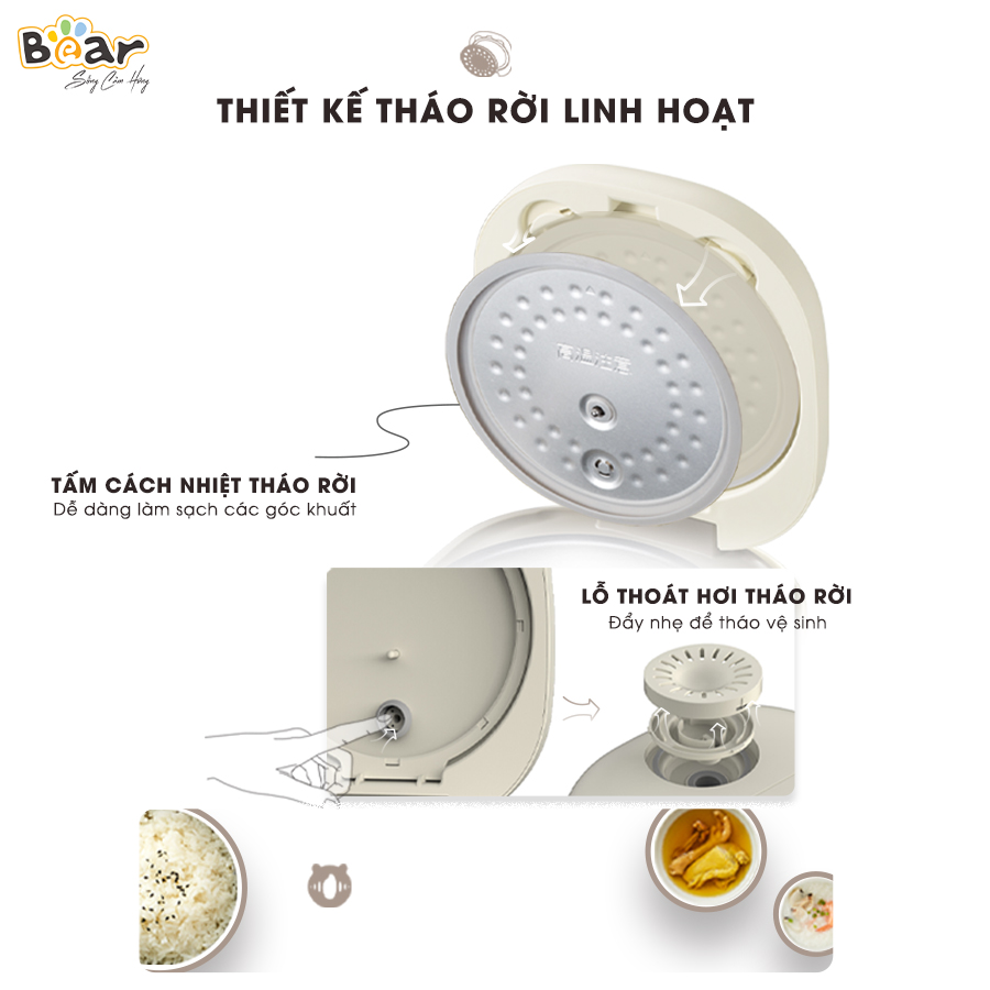 [Hàng Chính Hãng] Nồi cơm điện thông minh Bear DFB-B20A1, màu trắng kem có dung tích tổng thể 2Lit, lòng nồi 5 lớp chống dính cao cấp, sản phẩm nhỏ gọn, phù hợp 3 - 4 người ăn