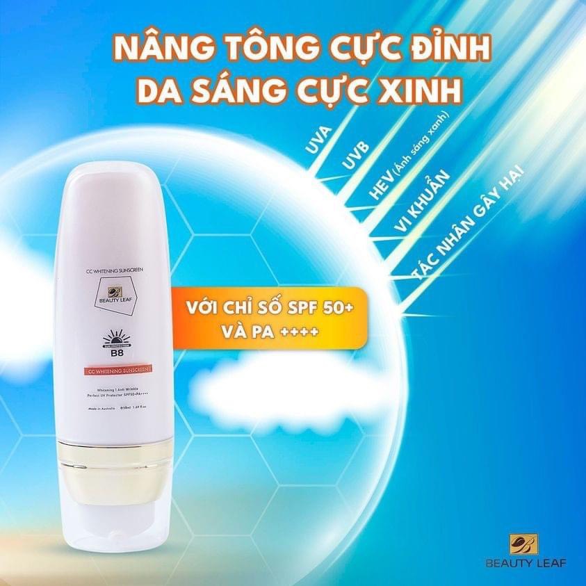 Kem Chống Nắng Beauty Leaf SPF50+ 50ml, Tinh Chất Chống Nắng Nâng Tone,Chống Nước Ngăn Chặn Và Bảo Vệ Da Dưới Tác Hại Của Tia UVA, UVB Từ Ánh Nắng Mặt Trời Beauty Leaf CC Whitening Sunscreen