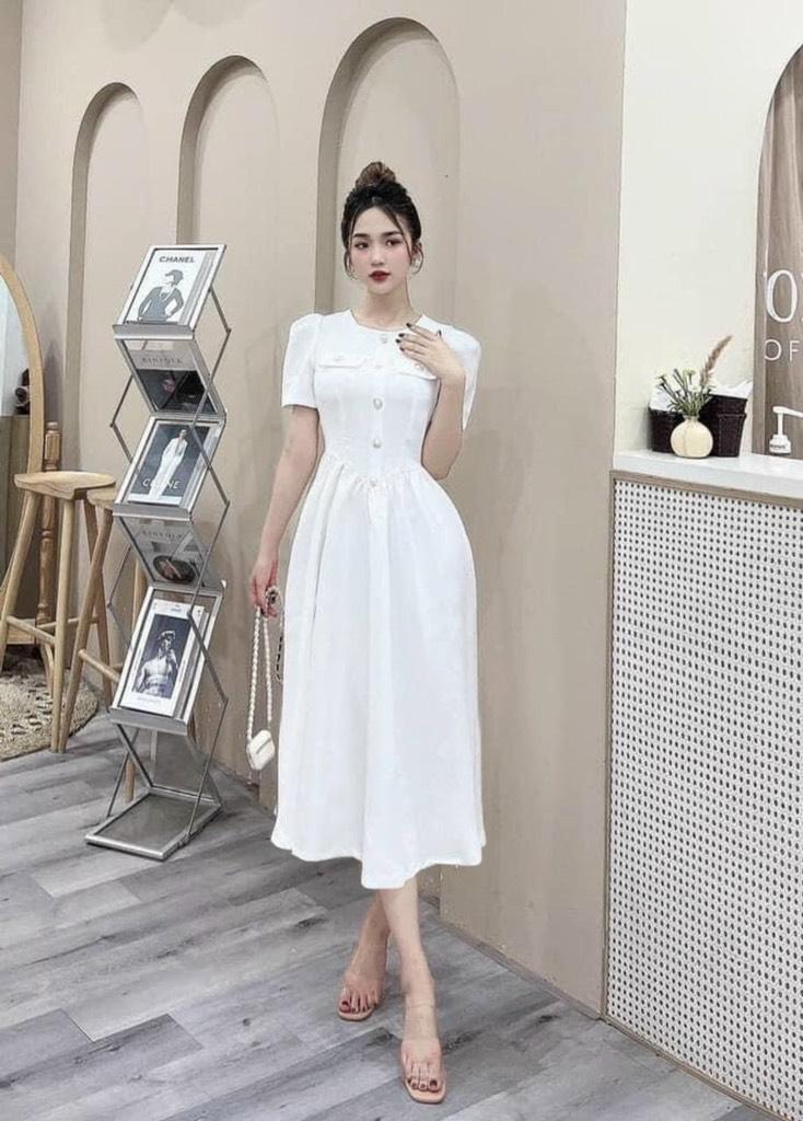 ĐẦM XÒE CỔ TRÒN PHỐI NÚT 13589