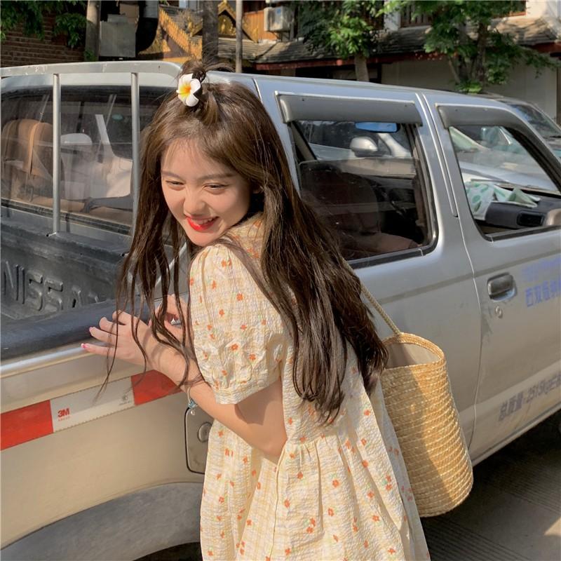 Đầm Dài Midi Cổ Sen Kẻ Sọc Caro Hoạ Tiết Hoa Nhí Ulzzang