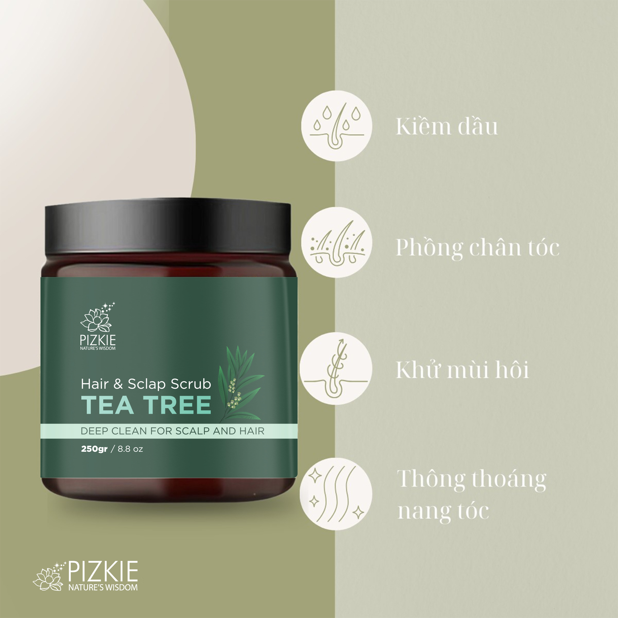 Muối tẩy tế bào chết da đầu tràm trà Pizkie 300gr lâu bết sạch gàu, sạch nhờ da đầu, hỗ trợ mọc tóc