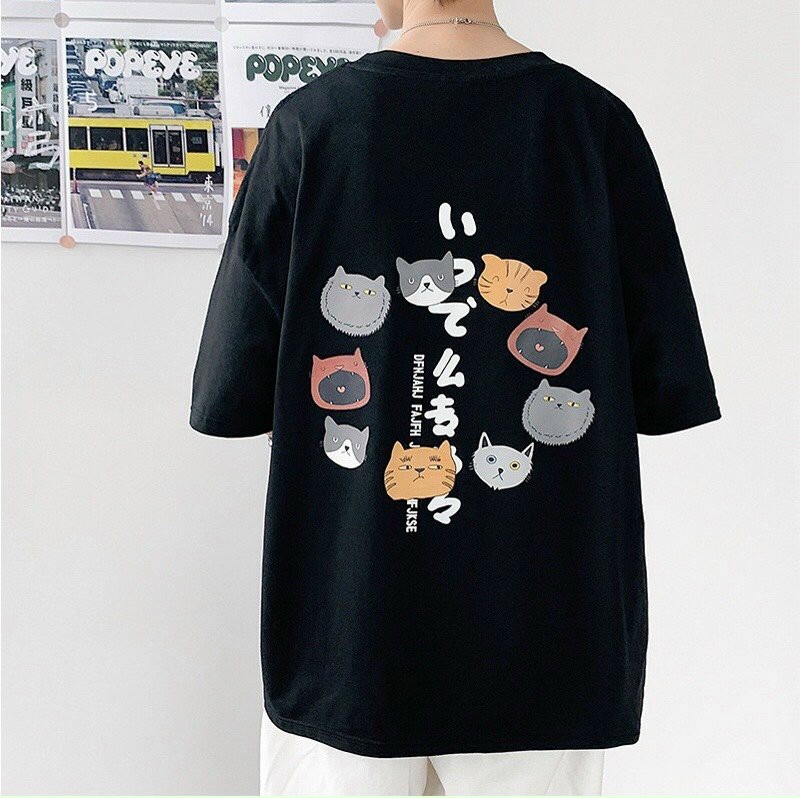 (Fullsize) Áo Phông Nam Nữ Form Rộng Tay Lỡ Vải Cotton Mịn Mát - Mèo Nhật (Fulltag cổ - tay áo) 
