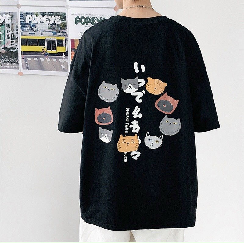 Áo Phông Nam Nữ Form Rộng Tay Lỡ Vải Cotton Mịn Mát - Mèo Nhật