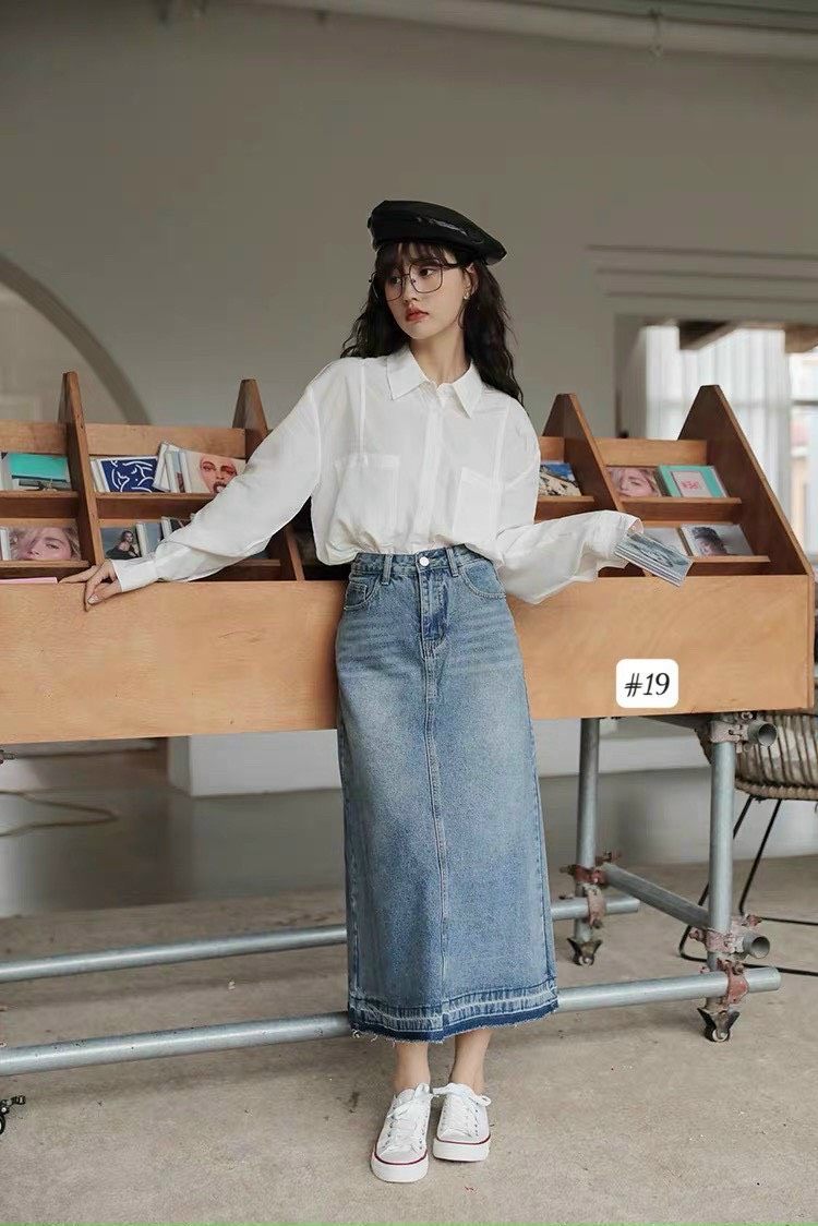 CHÂN VÁY JEAN DENIM DÀI SUÔNG TRƠN