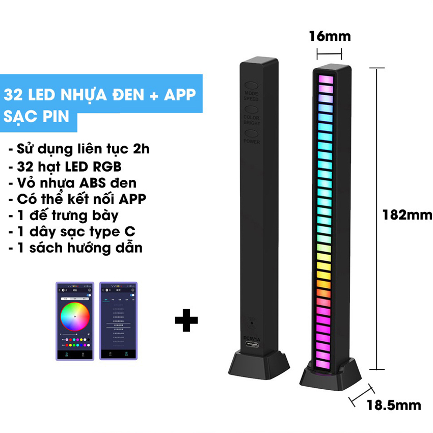 Thanh đèn LED RGB nháy theo nhạc có kết nối app điều khiển có pin sạc, Đèn TikTok trang trí decor 16 triệu màu cảm ứng âm thanh siêu nhạy