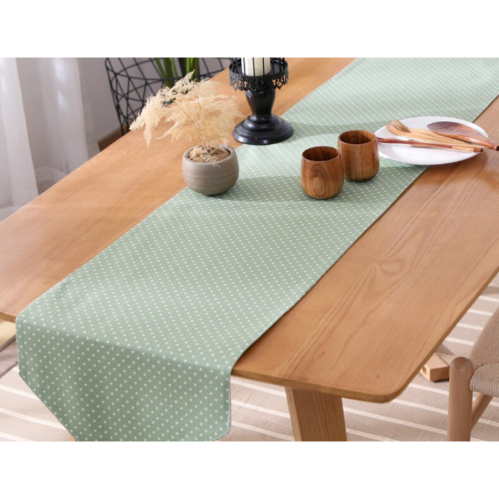 Khăn trải bàn table runner vải bố - Chấm bi xanh lá mạ - mẫu C04