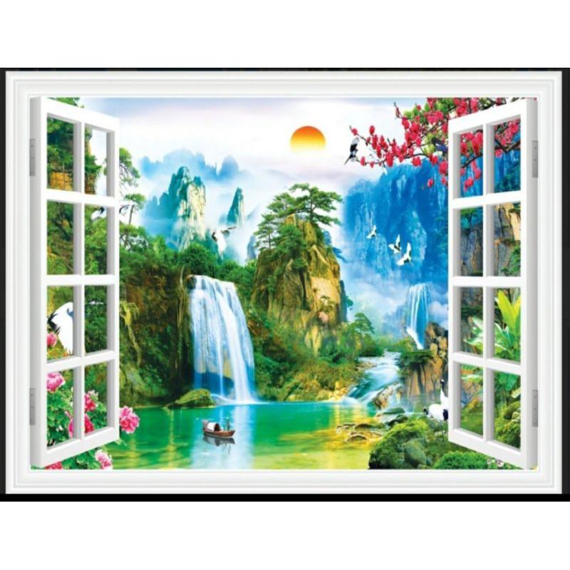Tranh dán tường Cửa Sổ 3d tranh sơn thủy phong cảnh in Vải Lụa