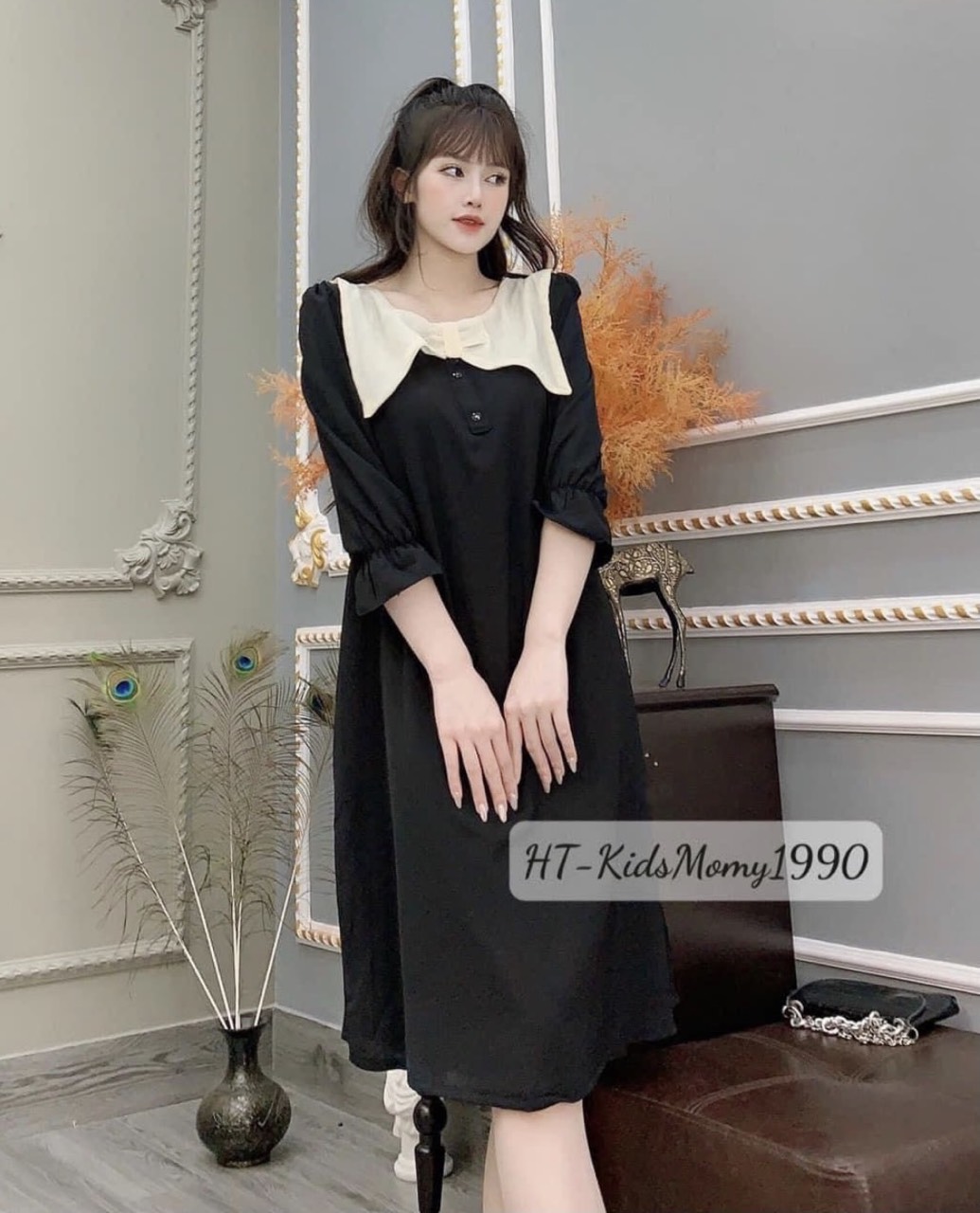 Váy suông nữ,đầm suông nữ tay voan cổ nơ đính 2 khuy thiết kế sang chảnh