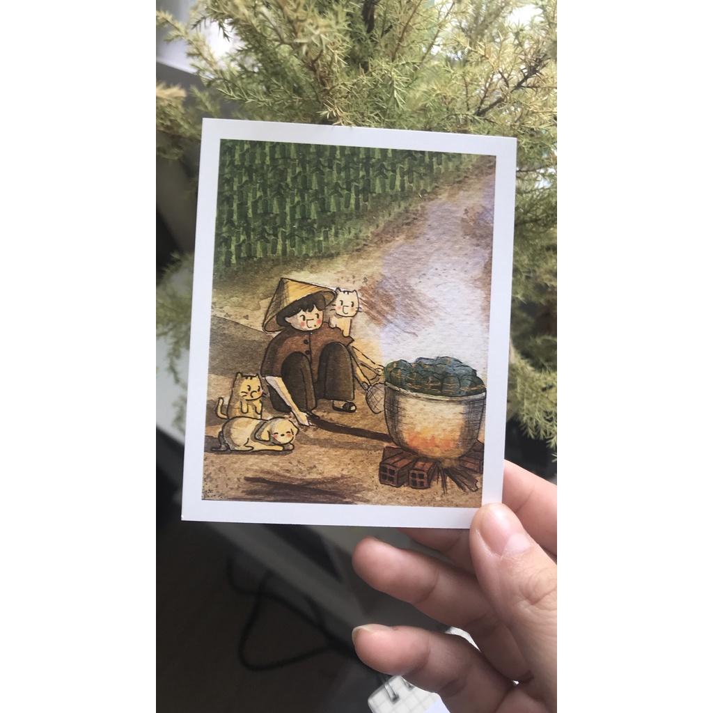 Postcard thiệp tô màu "Đón tết" của @convecho, giấy vẽ coldpress 300gsm