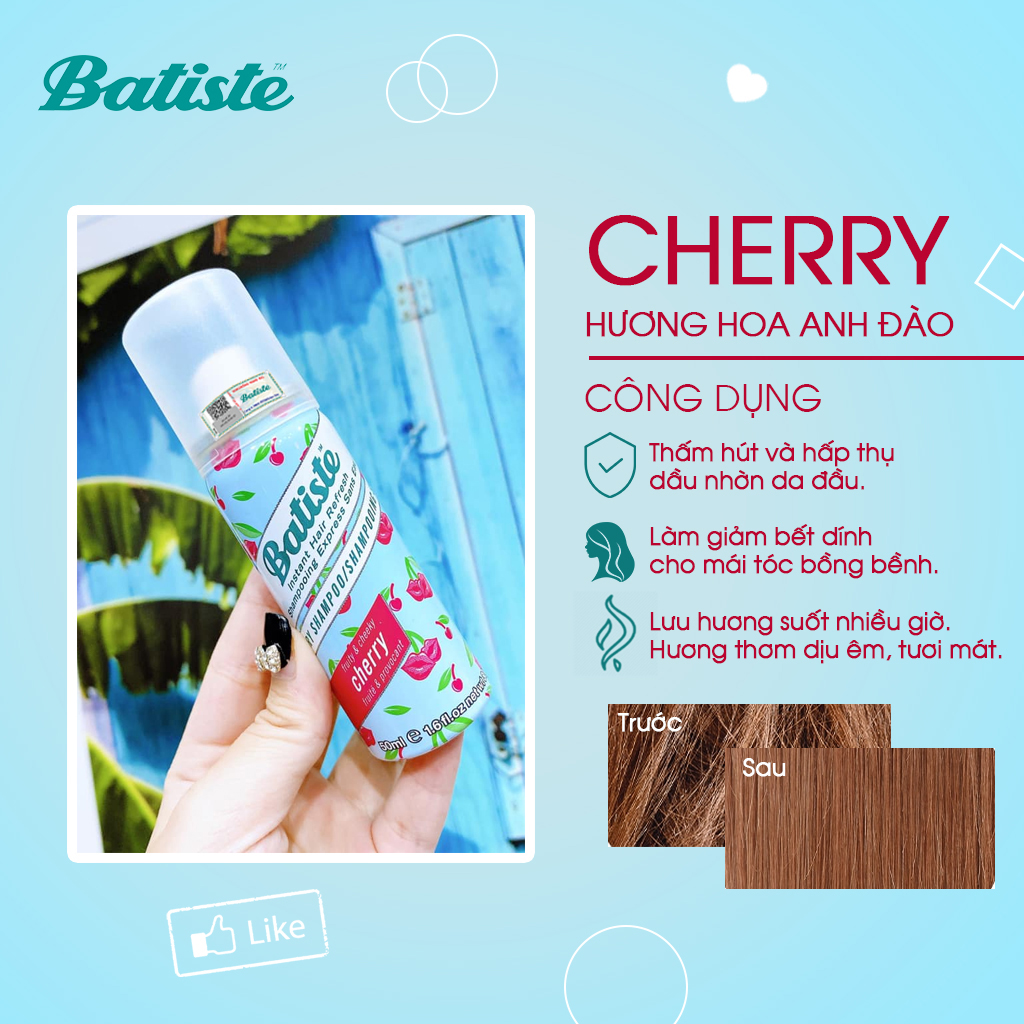 Dầu Gội Khô Batiste Dry Shampoo 50ml Làm Sạch Tóc Tức Thì (Size nhỏ tiện dụng)