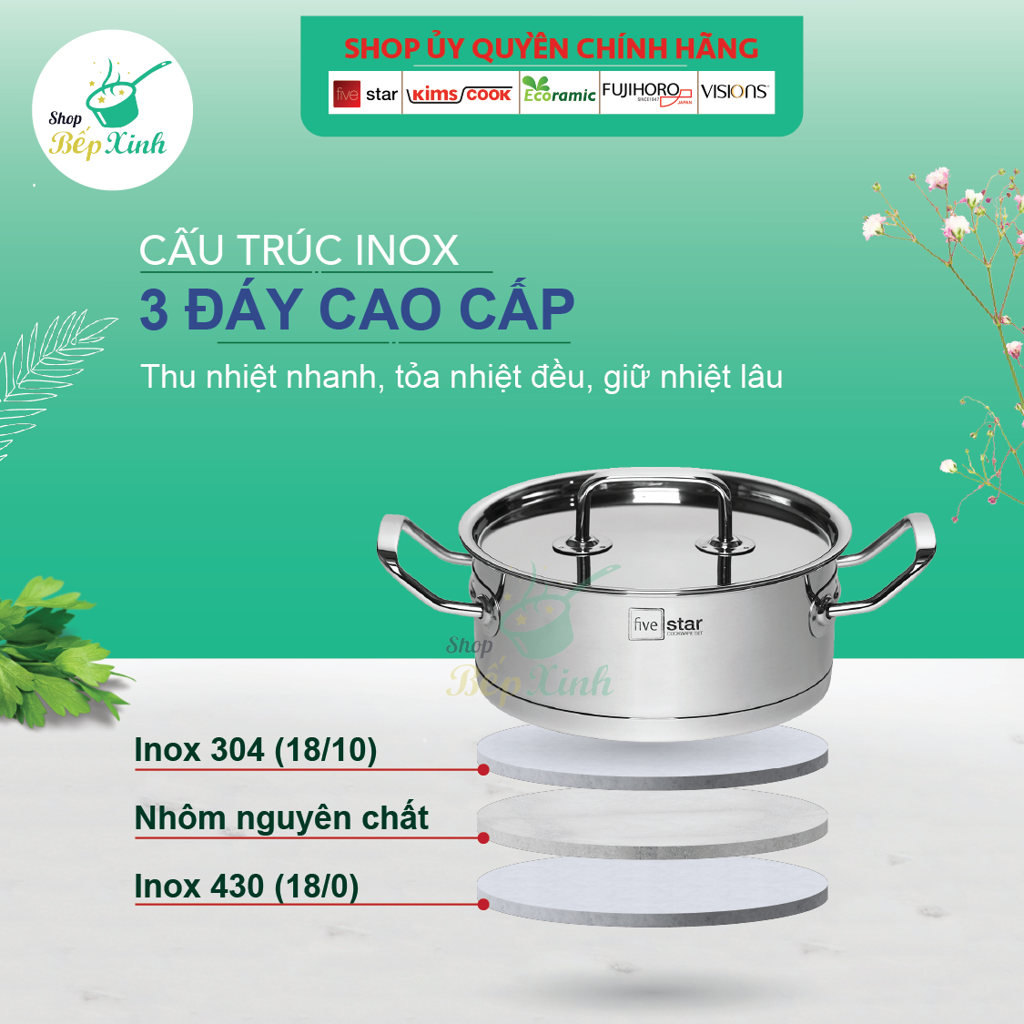 Bộ nồi Fivestar FS-B3021 Standard 3 đáy bếp từ 3 món nắp inox