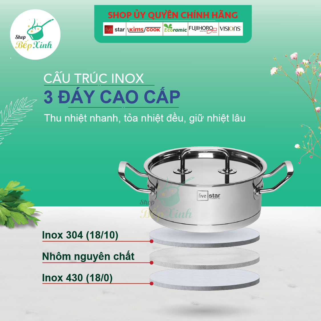 Bộ nồi Fivestar FS-B3021 Standard 3 đáy bếp từ 3 món nắp inox (1 quánh 16 x 1 nồi 18cm x 1 nồi 20cm )