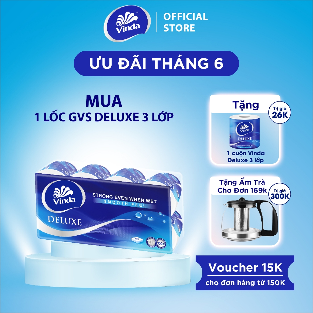 [MUA 1 LỐC GVS DELUXE TẶNG 1 CUỘN] Giấy vệ sinh cao cấp Vinda Deluxe 3 lớp (8 Cuộn)