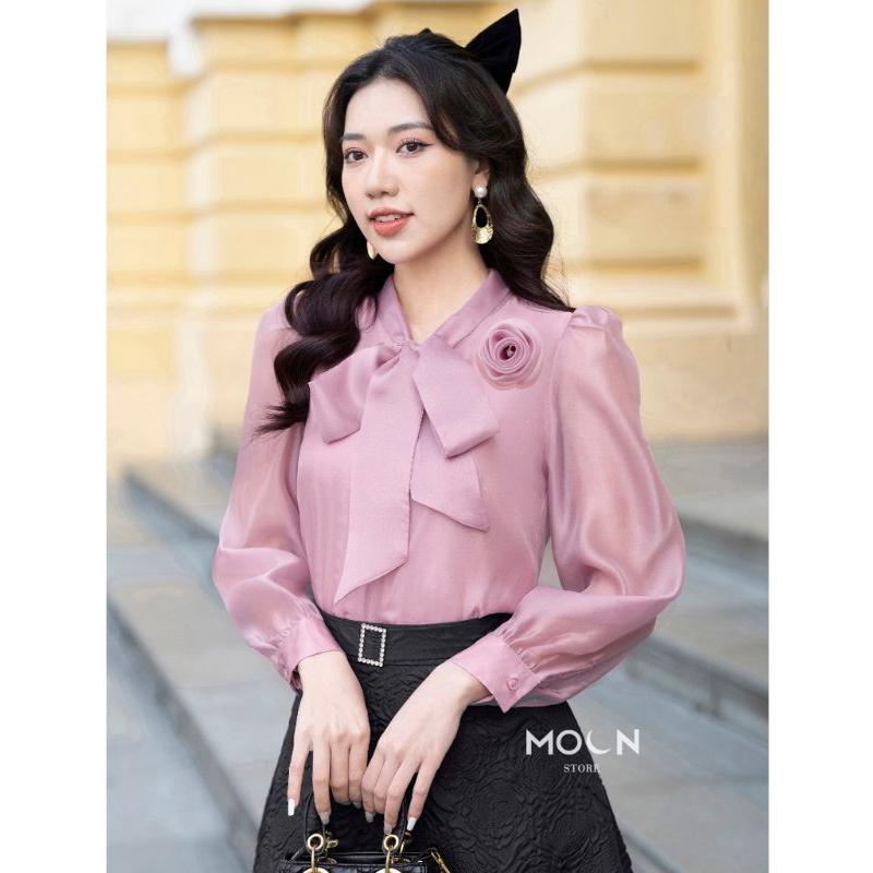Áo sơmi nữ cổ nơ đính hoa chất tơ nhật 2 lớp _sơmi nữ công sở