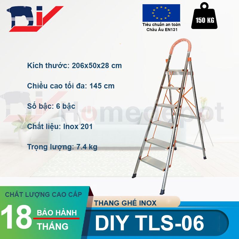Thang ghế Inox 6 bậc 145cm DIY TLS-06 hàng chính hãng - Tiêu chuẩn EN131