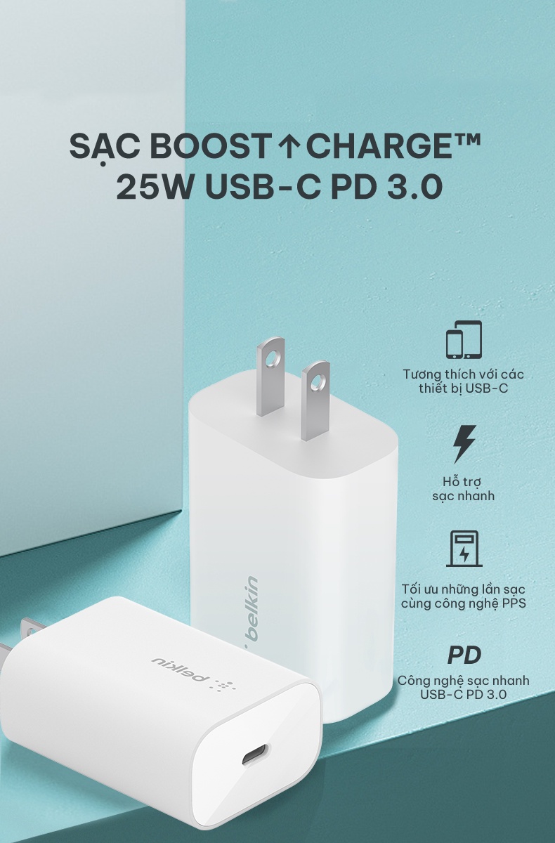 Củ Sạc Nhanh Belkin BOOST↑CHARGE 25W USB-C PD (PPS) - Công Nghệ Power Delivery 3.0 - Sạc Nhanh Cho Cả Iphone và Sam Sung