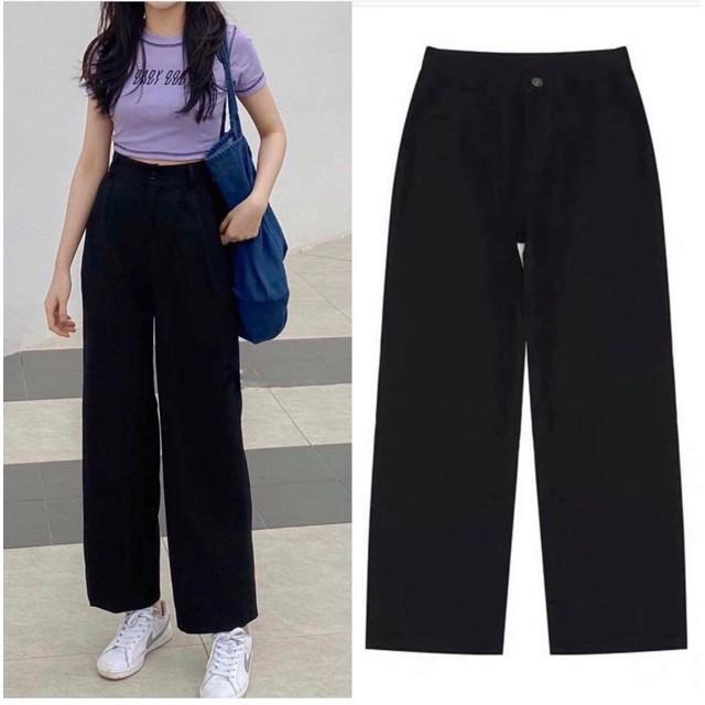 Quần ống rộng culottes suông dài chất dày lưng cao 2 màu đen be