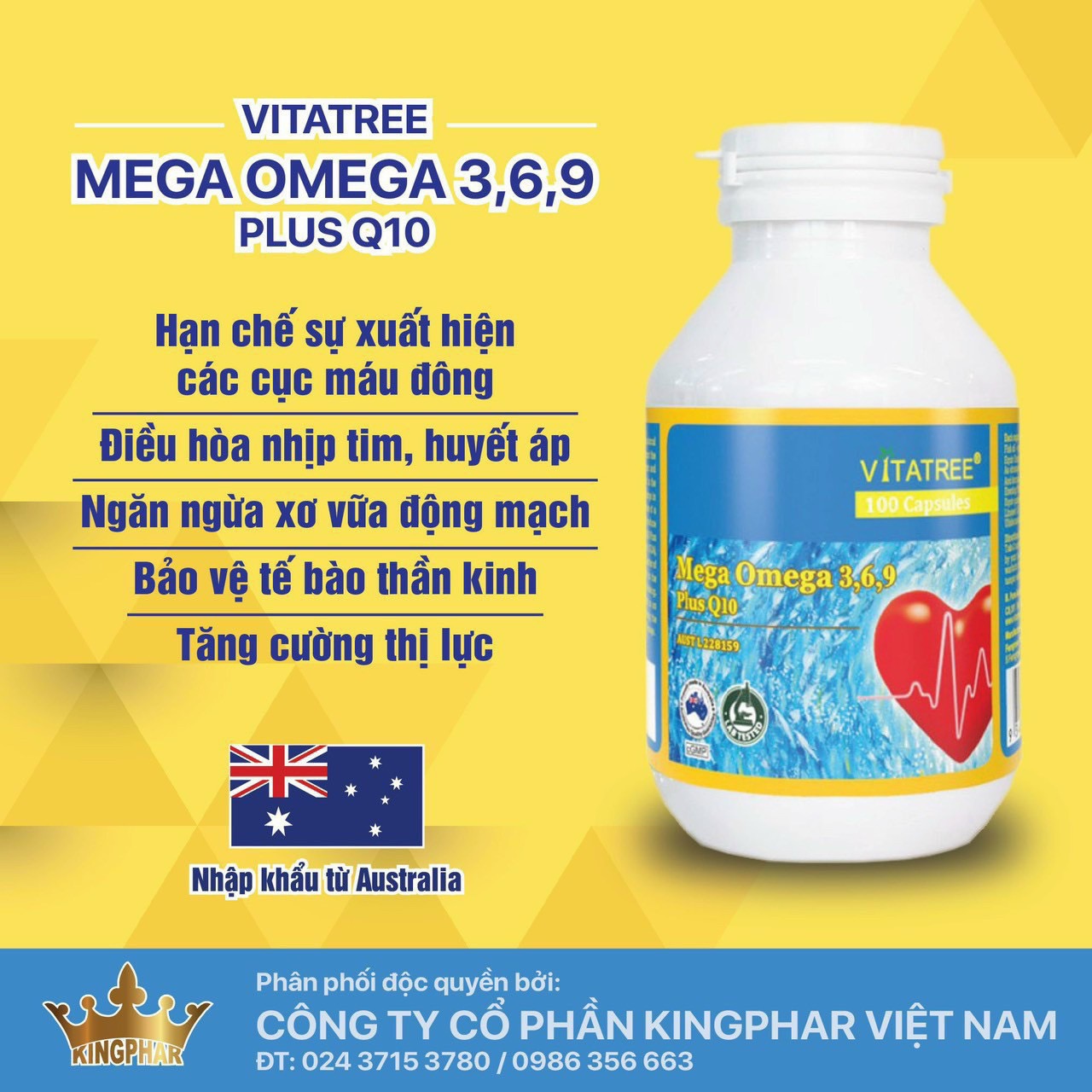 Viên uống Vitatree Mega Omega 369 plus Q10, Lọ 100v, bổ sung dưỡng chất cho mắt, não, tim mạch