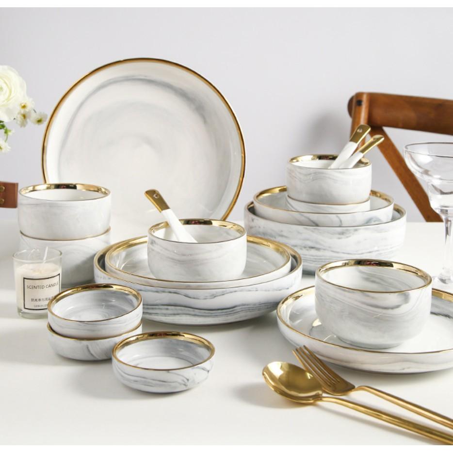 Set bát đĩa 26 món. bộ bát đĩa 26 món màu ghi vân đá. viền vàng sang trọng