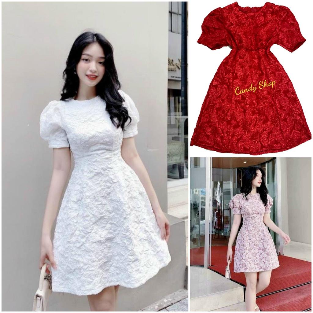 Đầm xoè gấm hoa nổi cổ tròn tay phồng cao cấp