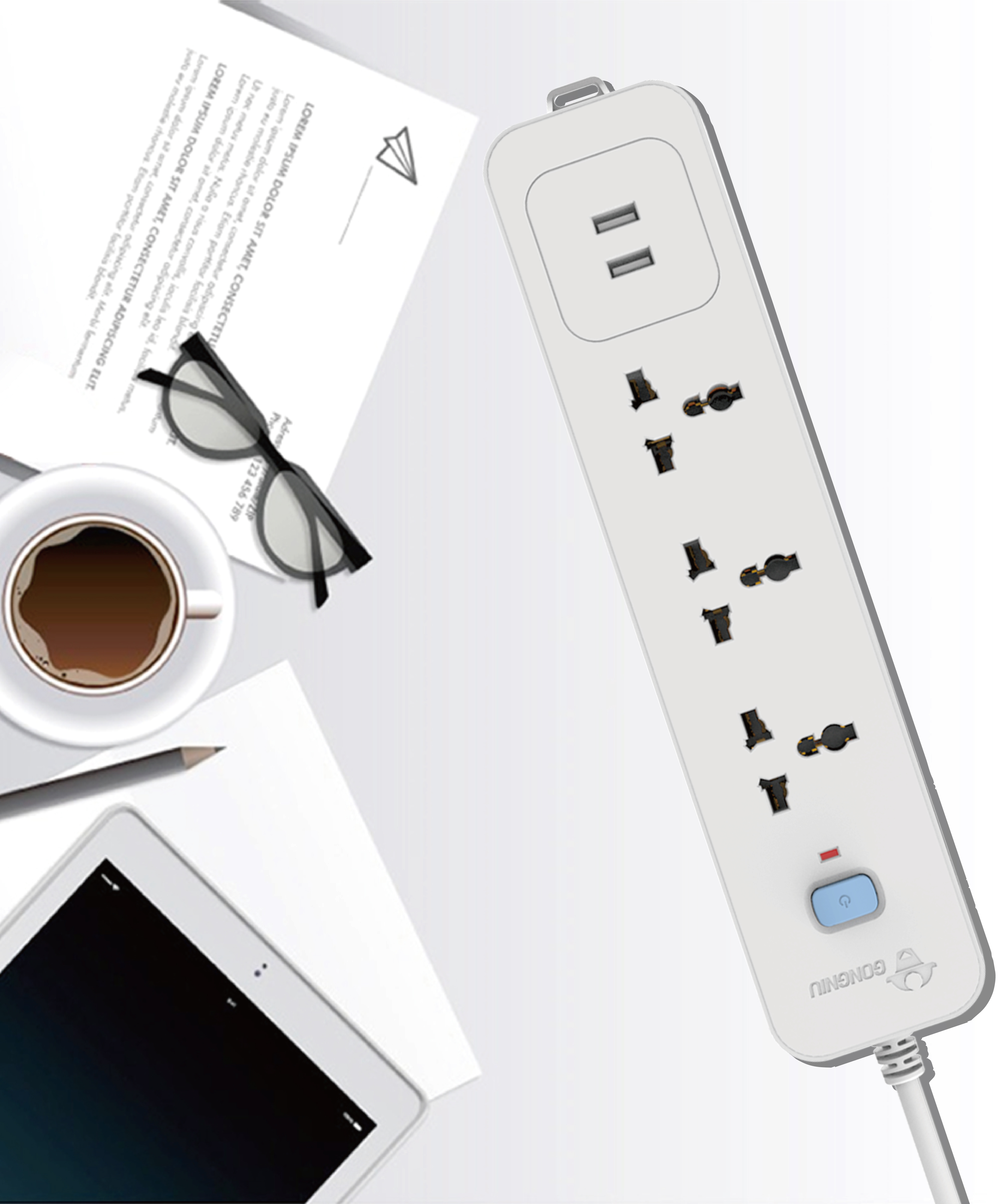 Ổ Cắm Điện Gongniu 3 Ổ Đa Năng + 2 USB 1 Công Tắc – Công Suất 10A/250/2500W – Trắng – Chính Hãng