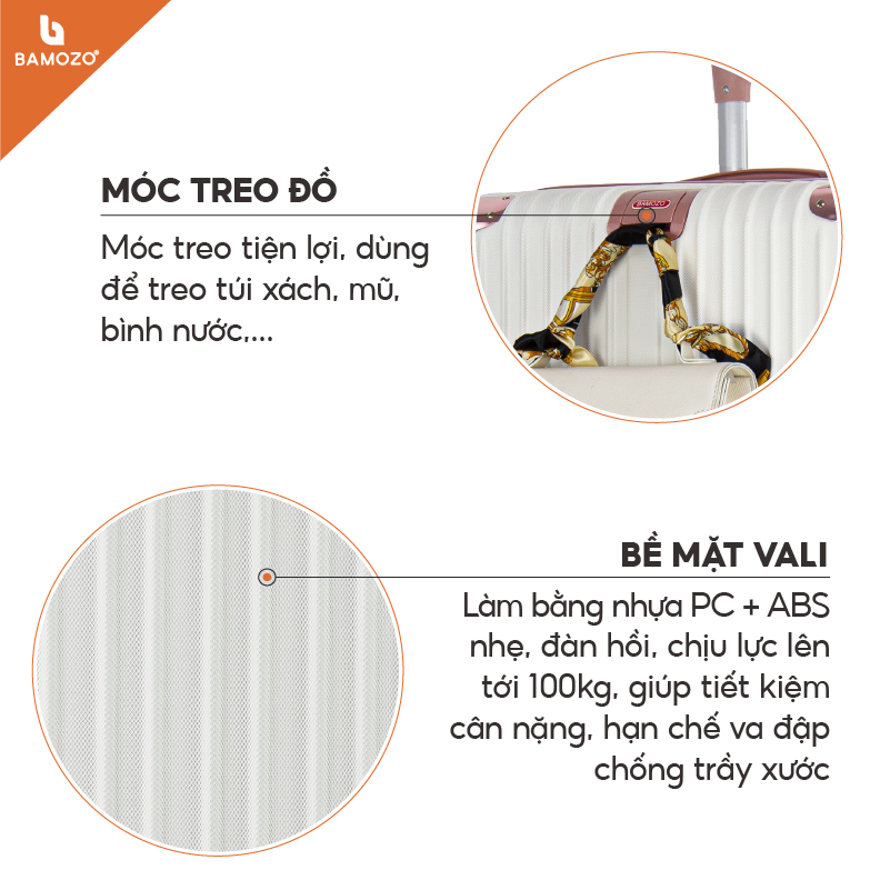 Vali du lịch BAMOZO 8809 MÀU TRẮNG size 20/24/28 , vali nhựa kéo bảo hành 5 năm