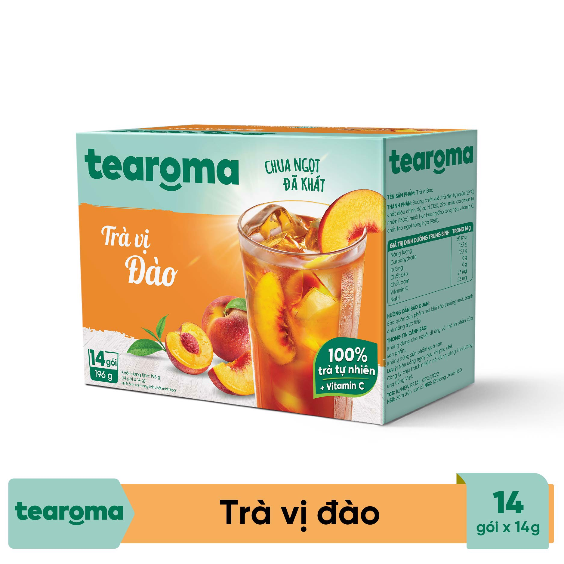 [MUA 3 TẶNG 1] Trà Tearoma hòa tan vị Đào hộp 196g (14 gói x 14g)