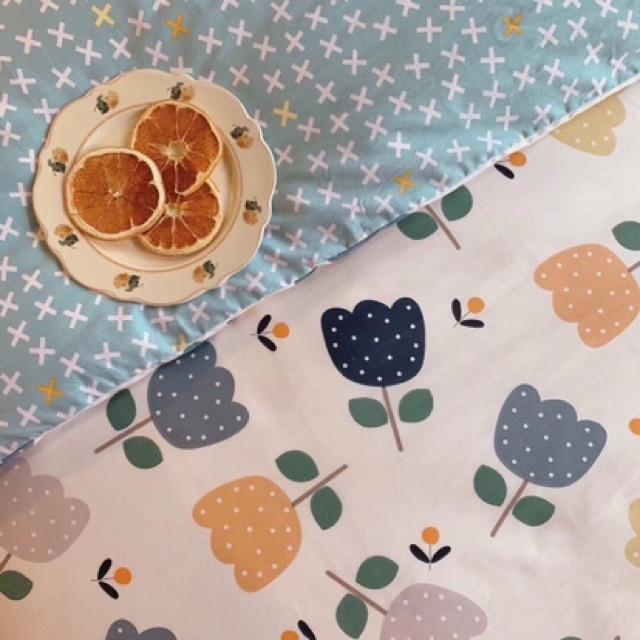 Set Cotton Living Hàng Nhập Khẩu Cao Cấp 4 Món Hoa Xanh