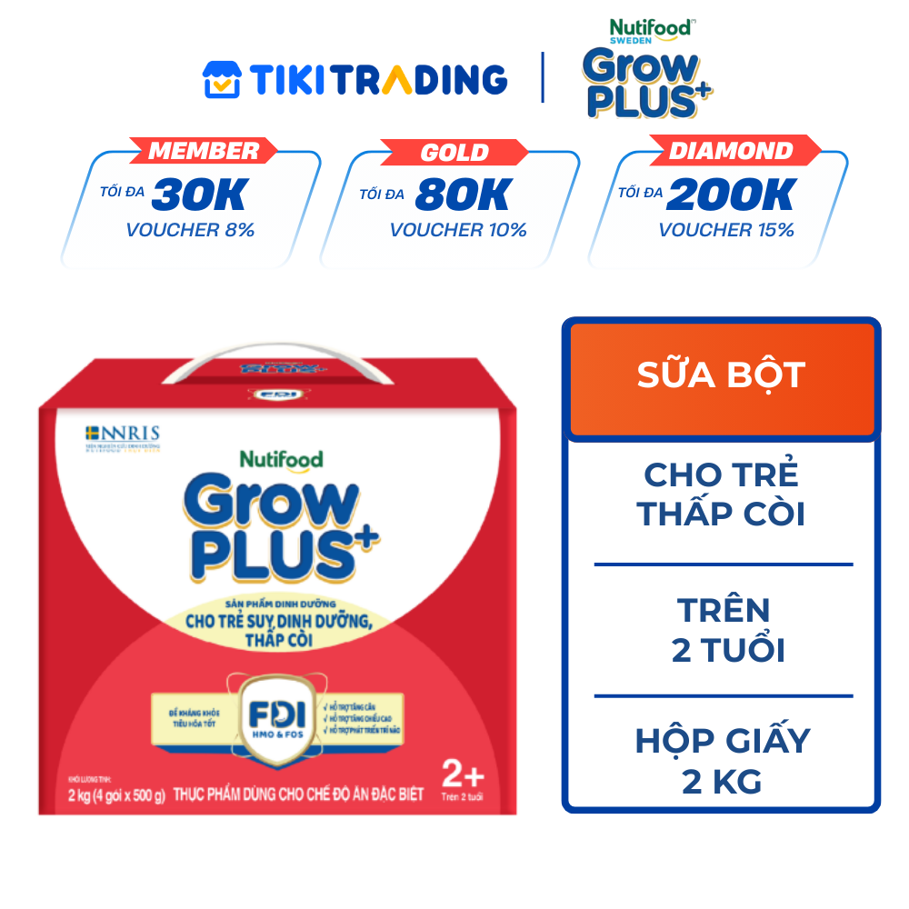 Sữa bột Nutifood GrowPLUS+ Suy Dinh Dưỡng (Đỏ) 2+ Hộp Giấy 2 KG