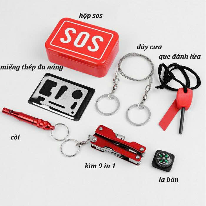 Bộ Dụng Cụ Sinh Tồn SOS 6 Món Gồm Kìm Đa Năng Dây Cưa Còi La Bàn Đánh Lửa Thép Đa Năng - Henrysa
