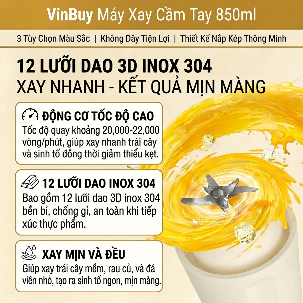 Máy Xay Sinh Tố Cầm Tay VinBuy 850ml - 12 Lưỡi Dao Inox 304, Xay Khỏe, Pin Siêu Lâu, Sạc Type-C, Bảo Hành 12 tháng Hàng chính hãng