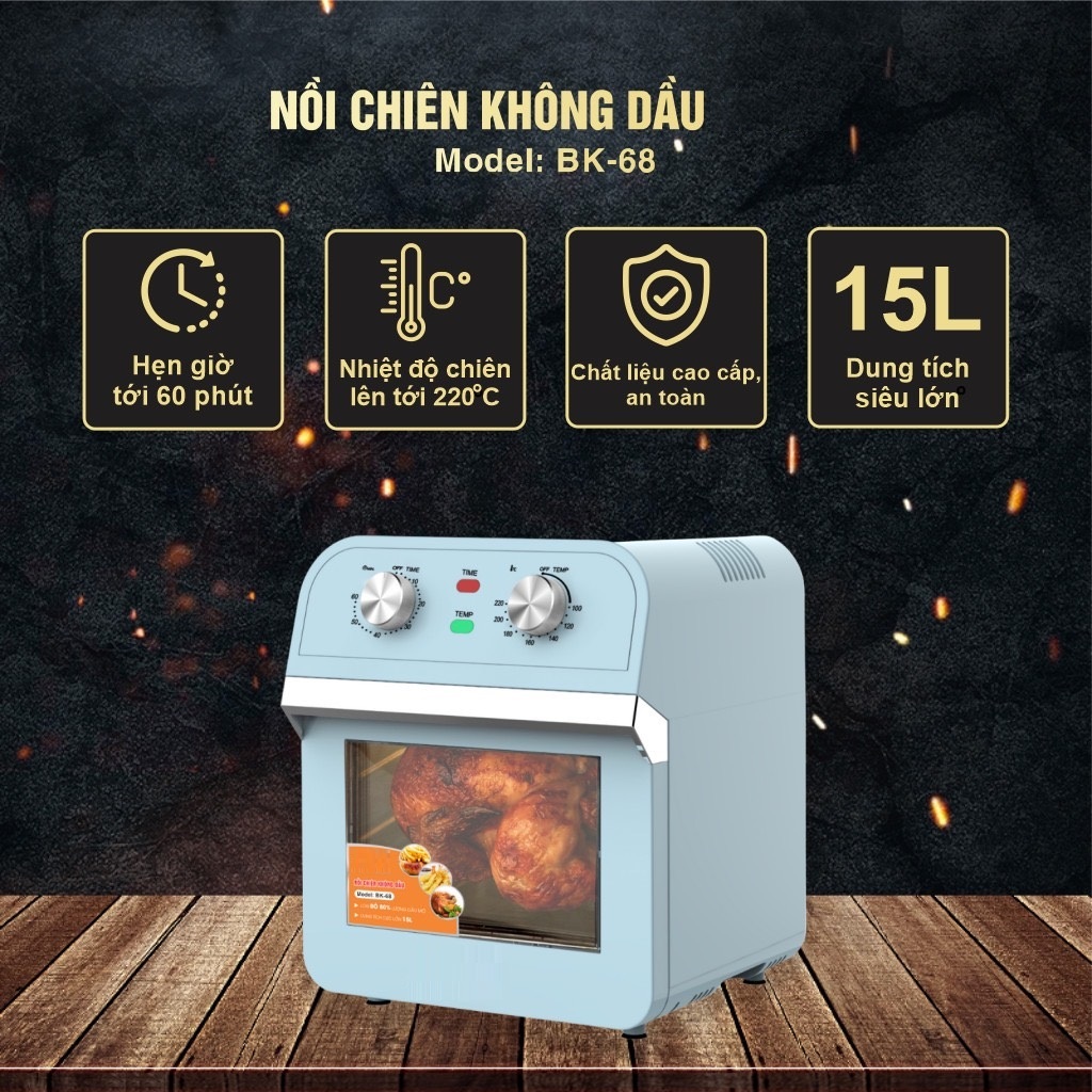 Nồi Chiên Không Dầu Dung Tích Siêu Lớn BK-68 (15 lít) - Màu Ngẫu Nhiên - Hàng Chính Hãng