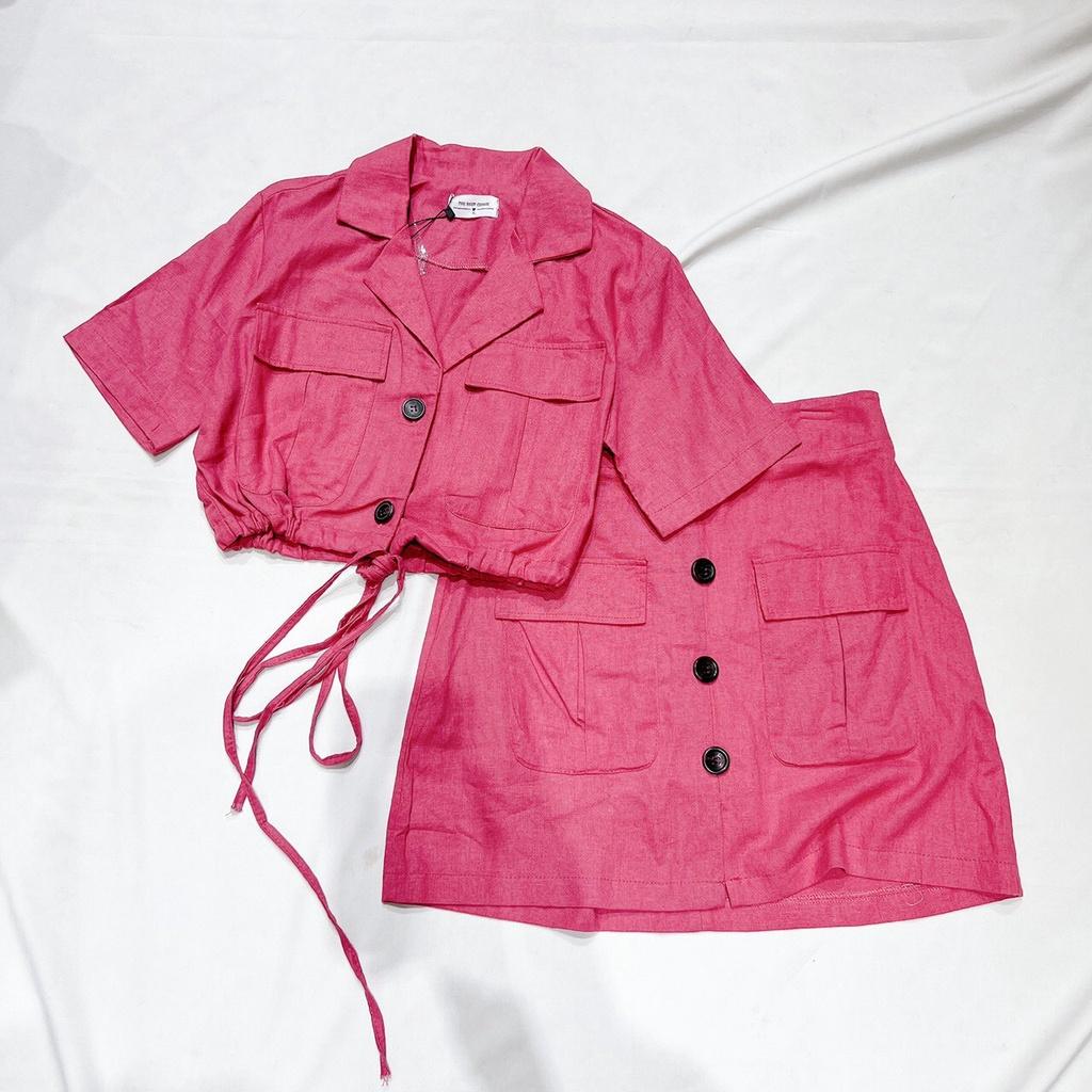 Set áo sơ mi croptop cổ vest cột dây chân váy chữ A chất linen thô phong cách Hàn Quốc 6 màu