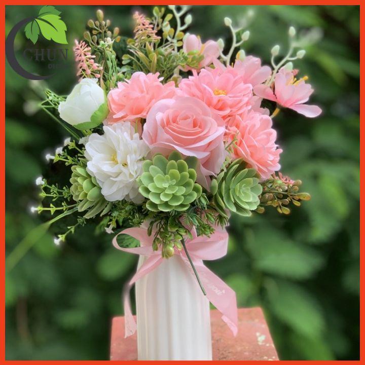 Bình Hoa Lụa Cao 35cm Màu Tươi Sáng Để Bàn, Kệ Tủ, Trang Trí Nhà, Văn Phòng, Cửa Hàng