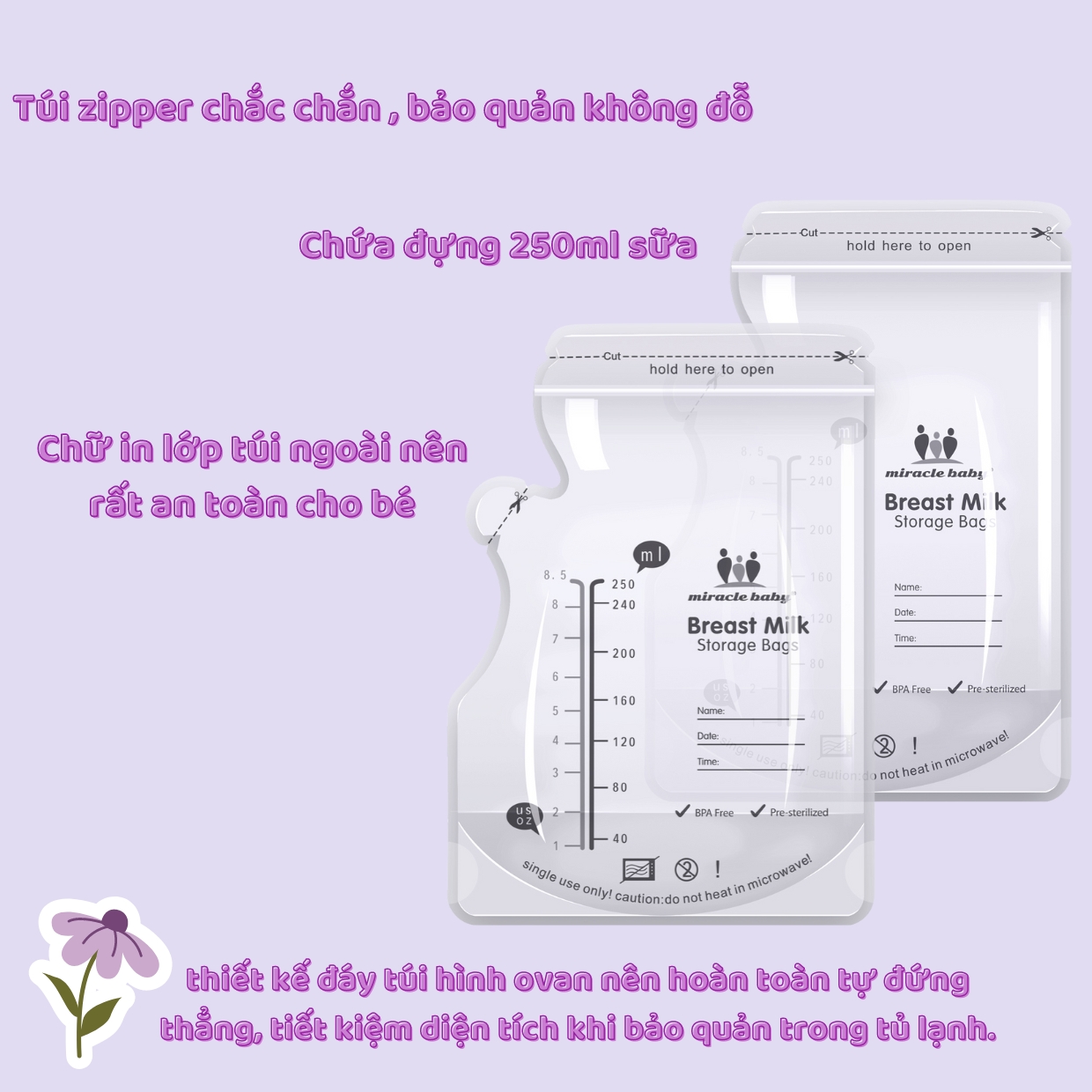 Túi trữ sữa Miracle Baby 250ml chính hãng có vòi rót