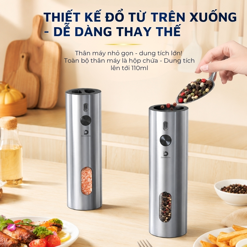Máy xay gia vị điện DandiHome 110ml - Xay tiêu, muối, điều chỉnh độ mịn, sạc pin Type-C -  ‌Hàng chính hãng Dandihome