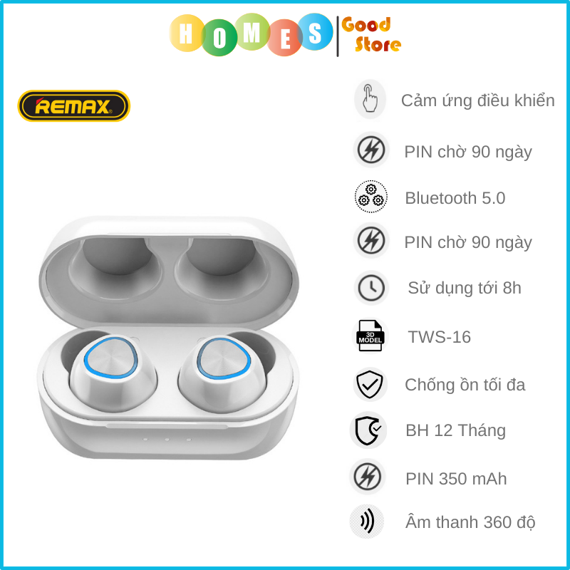 Tai nghe True Wireless Remax TWS-16 Plus Cao Cấp, Thời Gian Nghe 8 Tiếng, Bluetooth 5.0, Âm Thanh Vòm - Hàng Chính Hãng